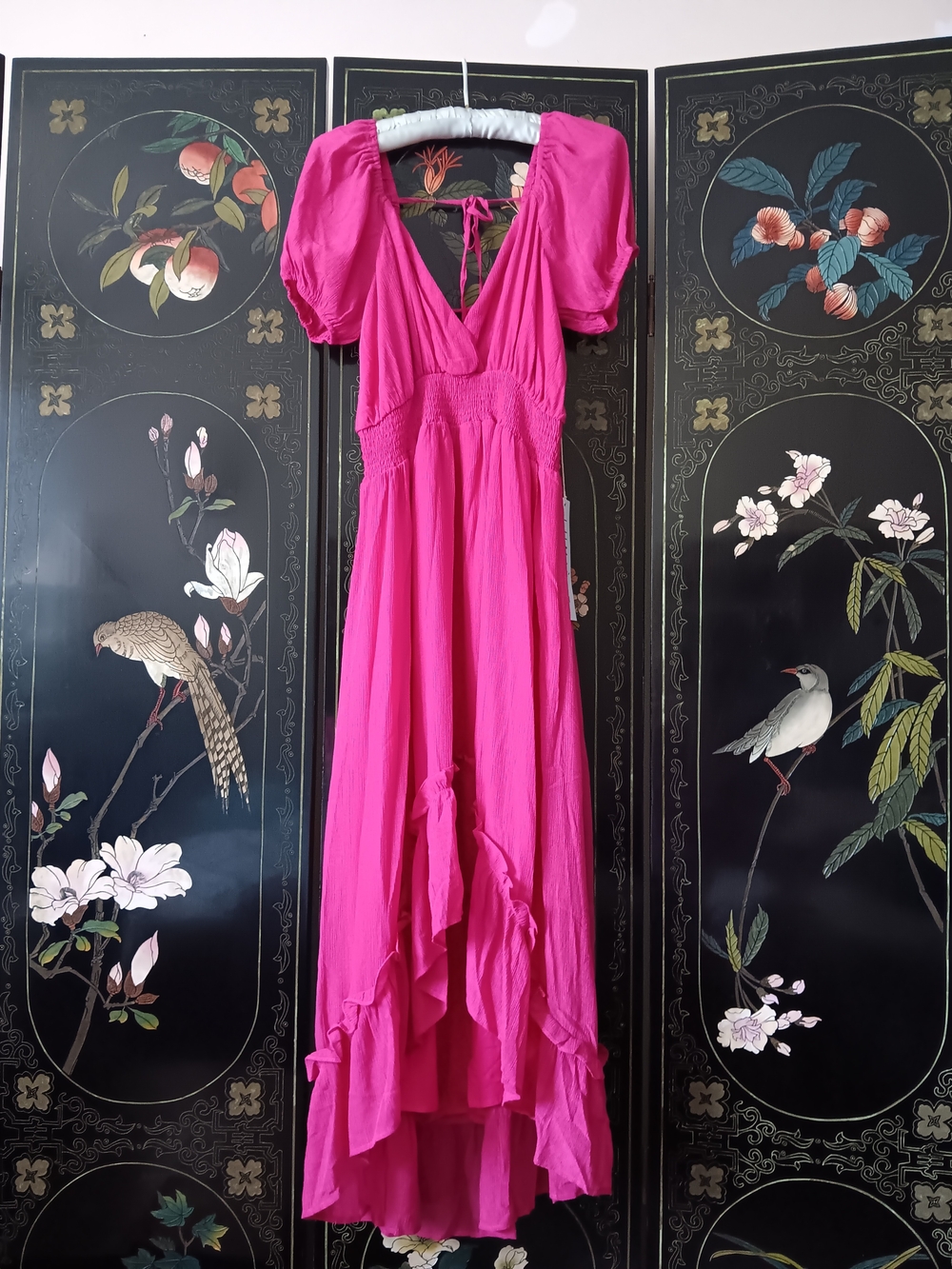 Lumiere Raspberry Pink V-Neck Ruffle Maxi Dress